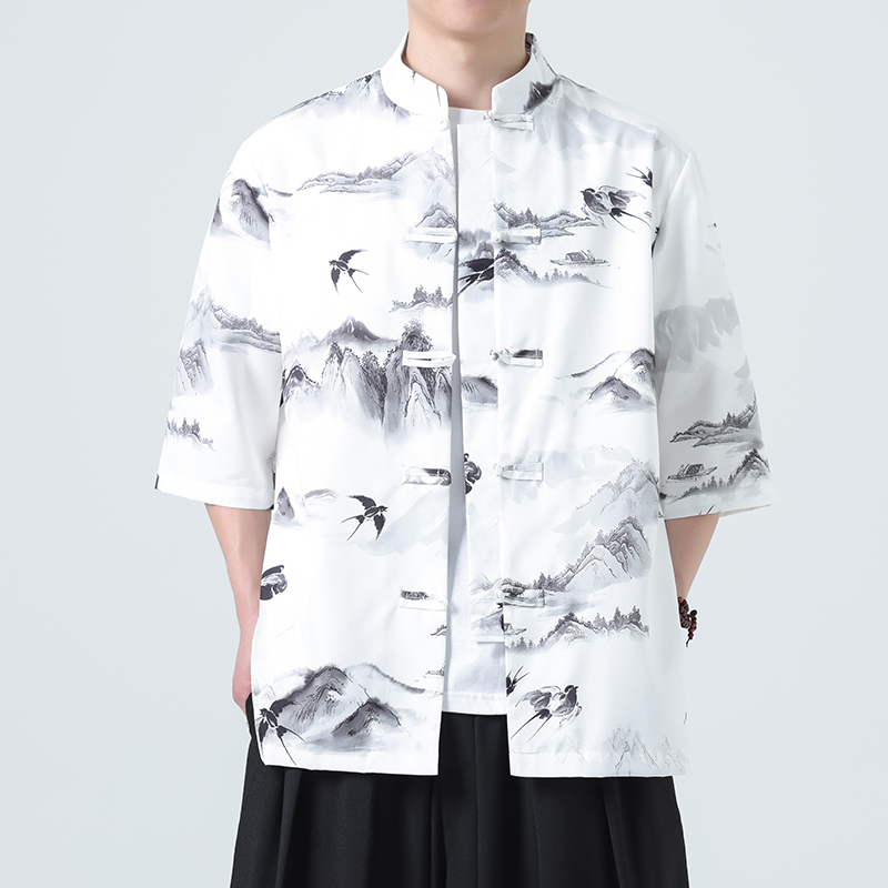 夏季新款风短袖衬衫唐装汉服风印花男A008-1-S206-P45，男装T恤，电商A008-1