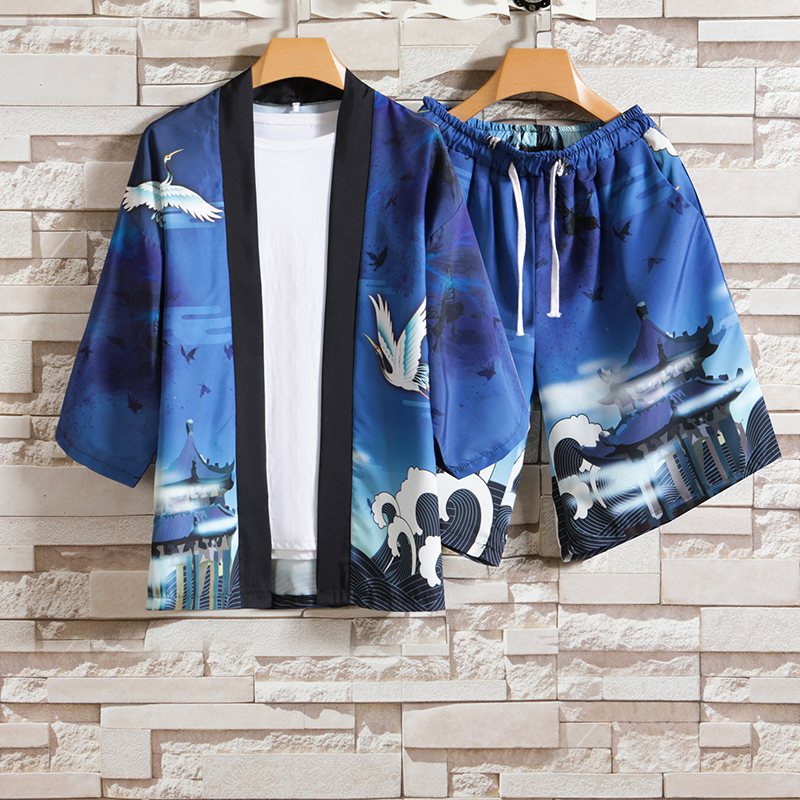 2025夏季风道袍男短袖汉服开衫和服防晒衣套装QT6006TZK51P70，男装防晒衣，电商A008-1