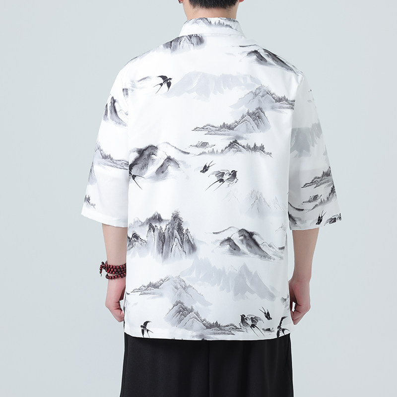 夏季新款风短袖衬衫唐装汉服风印花男A008-1-S206-P45,男装T恤,电商A008-1