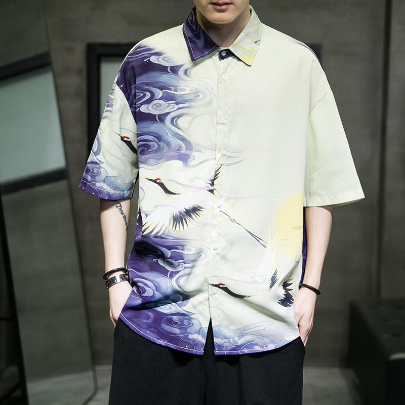 男士印花风休闲男新潮款青年短袖衬衫DS-A008-1-S016-P45,男装衬衫,电商A008-1