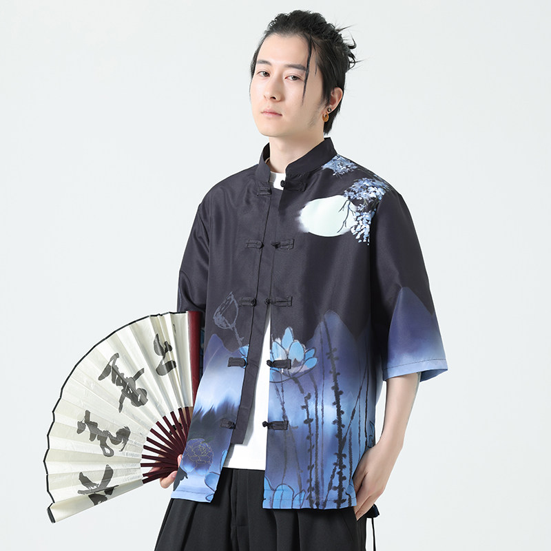夏季新款风短袖衬衫唐装汉服风印花男A008-1-S201-P45,男装T恤,电商A008-1