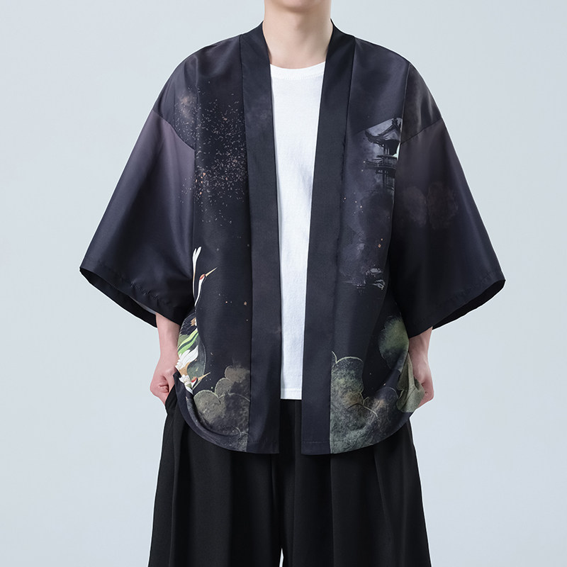 夏季新款风印花仙鹤汉服风衣开衫披风男DSA008-1K85P40,男装风衣,电商A008-1