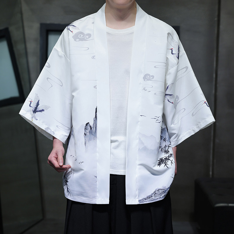 夏季新款风山水仙鹤印花汉服风衣开衫披风男DSA008-1K85P40,男装风衣,电商A008-1