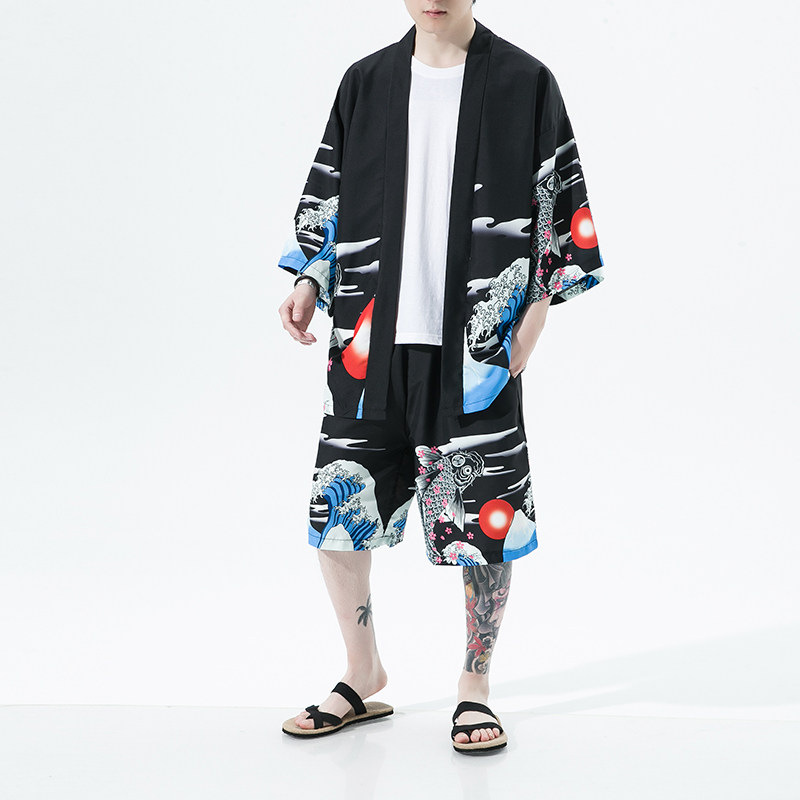 2025夏季风道袍男短袖汉服开衫和服防晒衣套装QT6006TZK53P70,男装防晒衣,电商A008-1