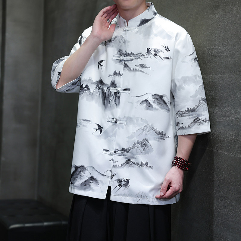 夏季新款风短袖衬衫唐装汉服风印花男A008-1-S206-P45,男装T恤,电商A008-1