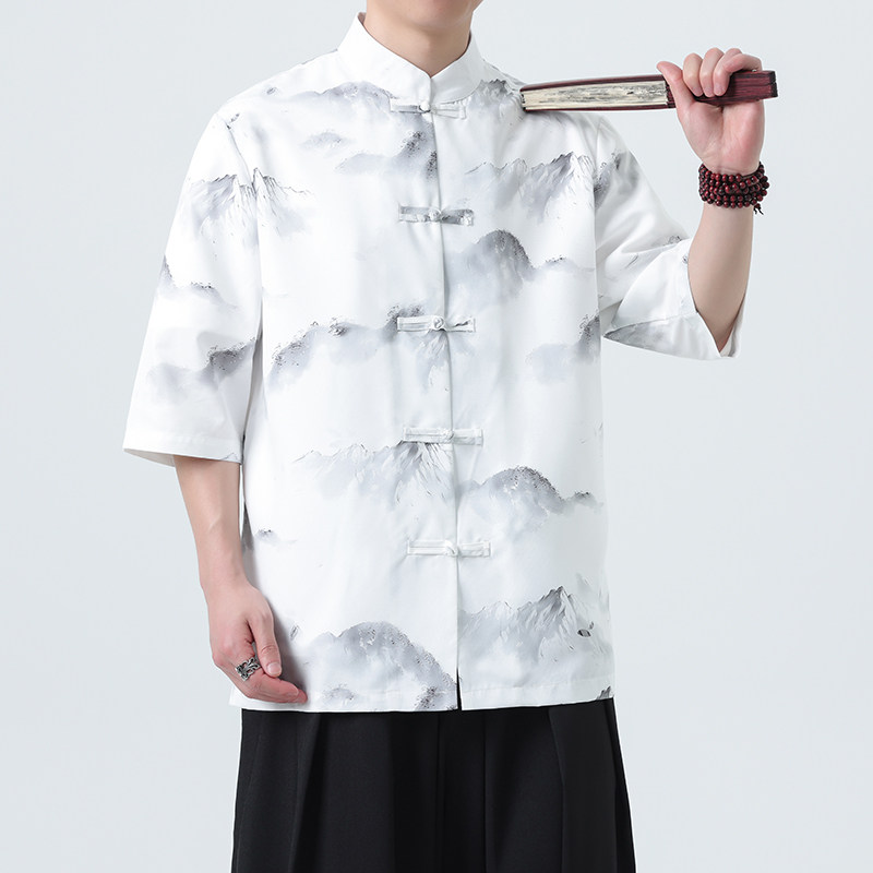 夏季新款风短袖衬衫唐装汉服风印花男A008-1-S207-P45,男装T恤,电商A008-1