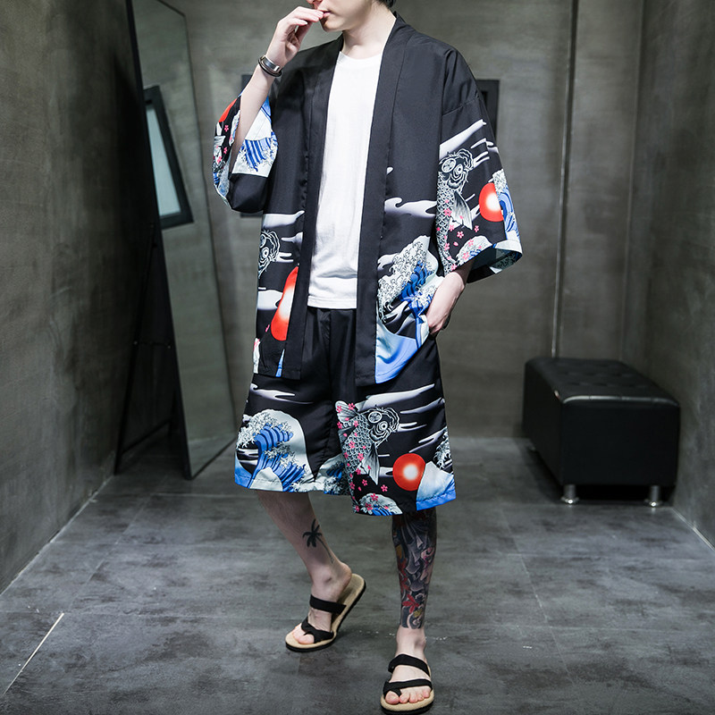 2025夏季风道袍男短袖汉服开衫和服防晒衣套装QT6006TZK53P70,男装防晒衣,电商A008-1
