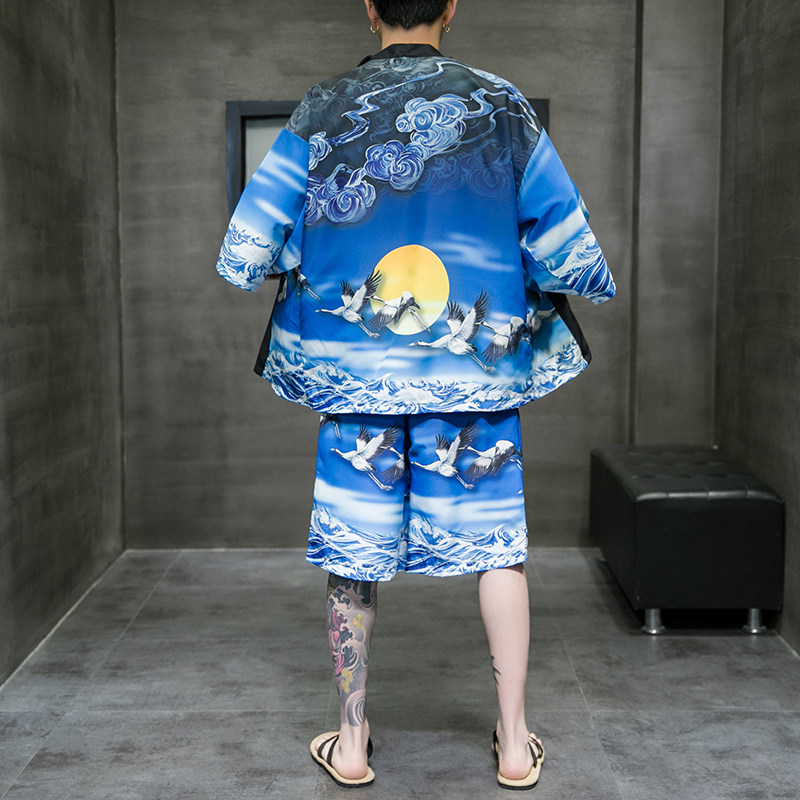 2025夏季风道袍男短袖汉服开衫和服防晒衣套装QT6006TZK51P70,男装防晒衣,电商A008-1