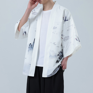 夏季新款风 山水仙鹤印花汉服风衣开衫披风男DSA008-1K85 P40图片
