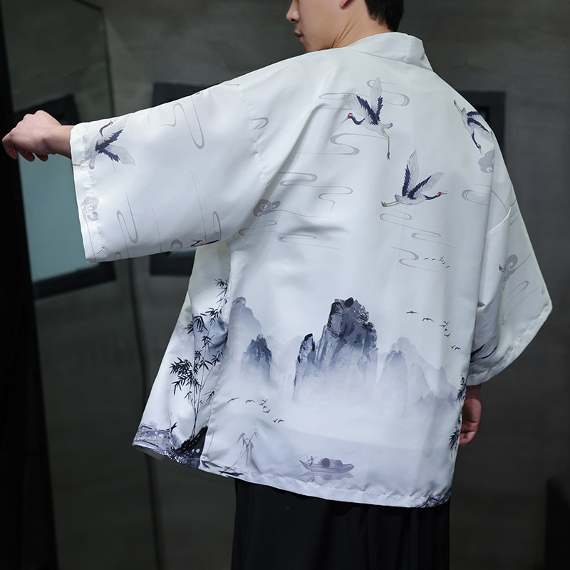 夏季新款风山水仙鹤印花汉服风衣开衫披风男DSA008-1K85P40,男装风衣,电商A008-1