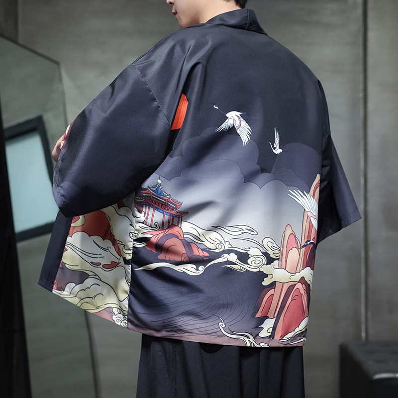 夏季新款风仙鹤印花汉服风衣开衫披风男DSA008-1K85P40,男装风衣,电商A008-1