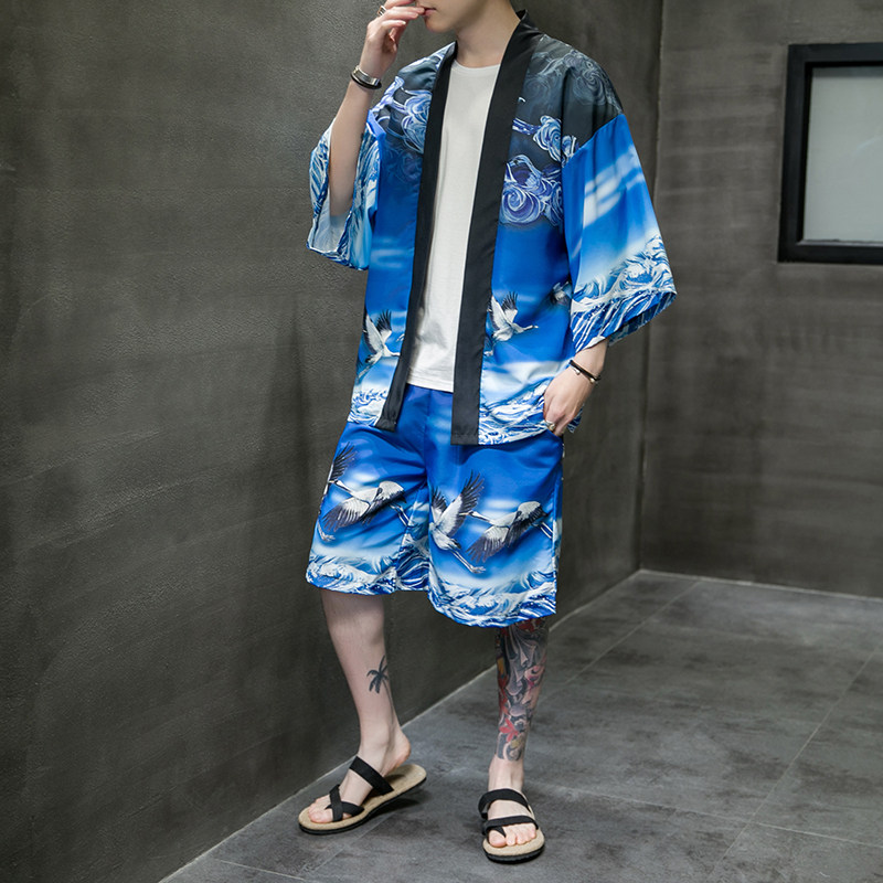 2025夏季风道袍男短袖汉服开衫和服防晒衣套装QT6006TZK51P70,男装防晒衣,电商A008-1