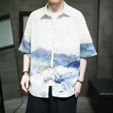 男士印花风休闲男新潮款青年短袖衬衫DS-A008-1-S017-P45，男装衬衫，电商A008-1