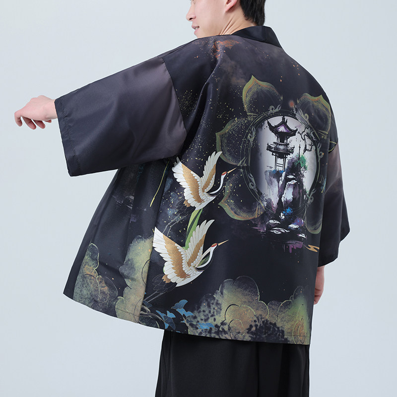 夏季新款风 印花仙鹤汉服风衣开衫披风男DSA008-1K85 P40图片