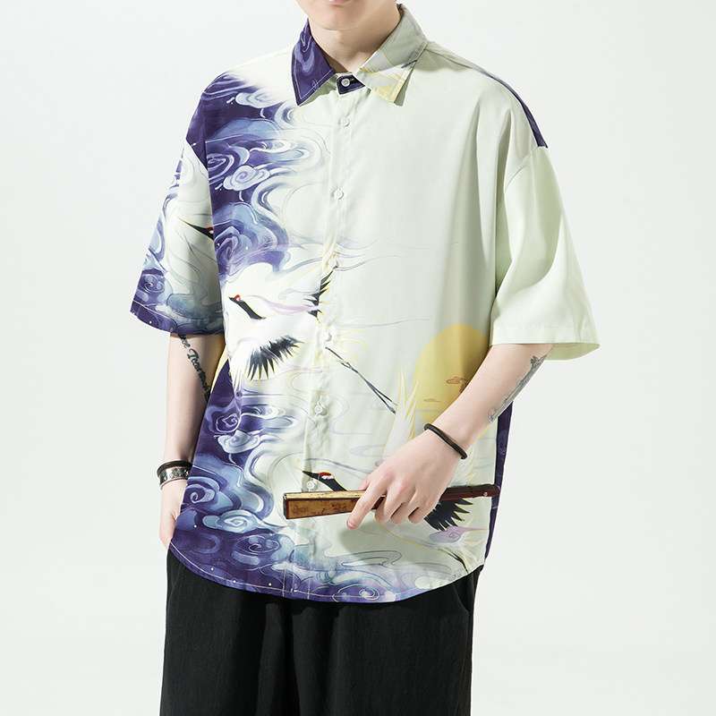 男士印花风休闲男新潮款青年短袖衬衫DS-A008-1-S016-P45,男装衬衫,电商A008-1
