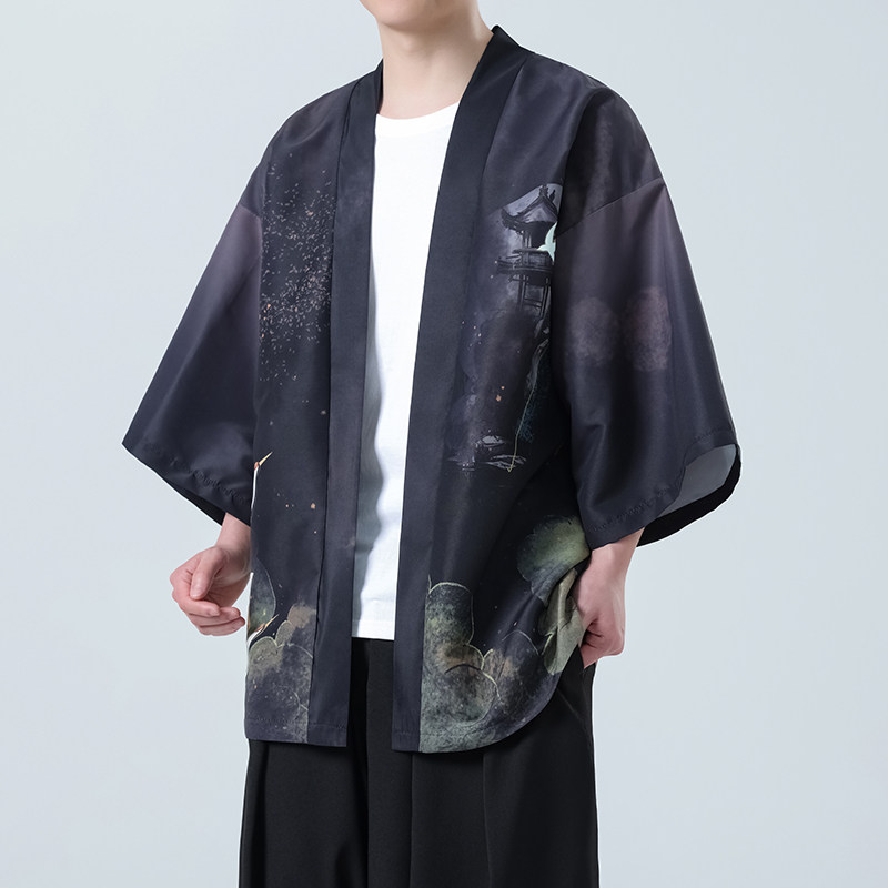 夏季新款风印花仙鹤汉服风衣开衫披风男DSA008-1K85P40,男装风衣,电商A008-1