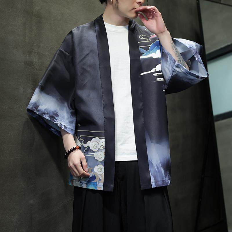 夏季新款风青山仙鹤印花汉服风衣开衫披风男DSA008-1K87P40,男装风衣,电商A008-1