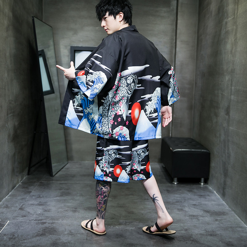 2025夏季风道袍男短袖汉服开衫和服防晒衣套装QT6006TZK53P70,男装防晒衣,电商A008-1
