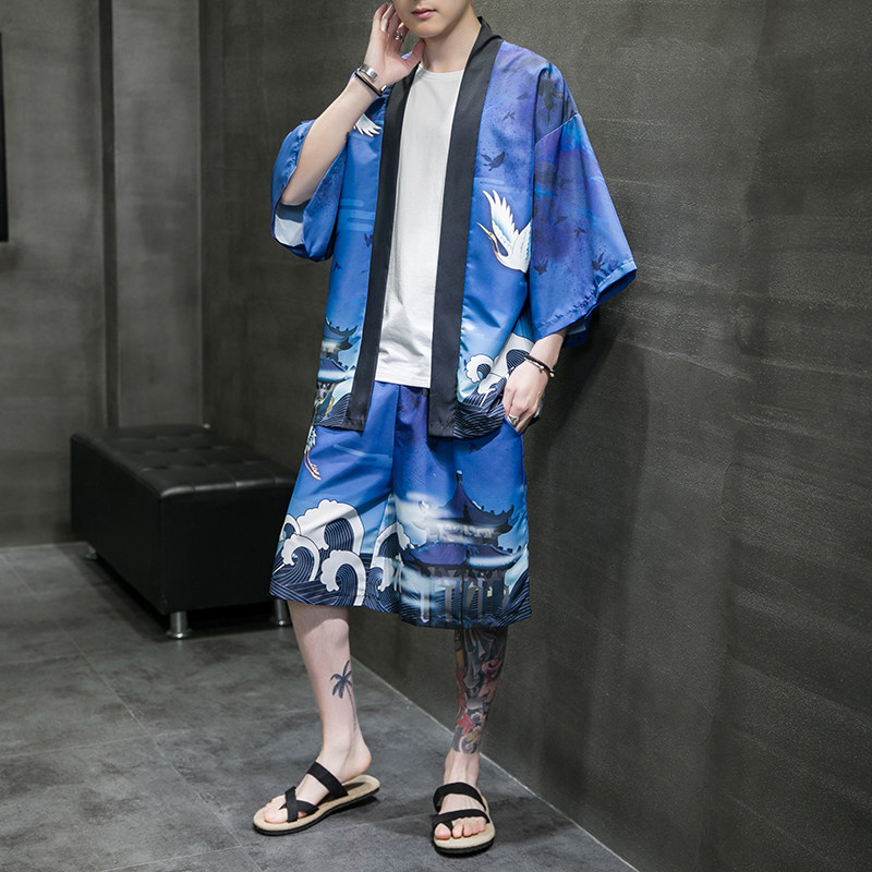 2023风道袍男短袖汉服开衫和服防晒衣套装DS-A008-1-TZK51P70,男装防晒衣,电商A008-1
