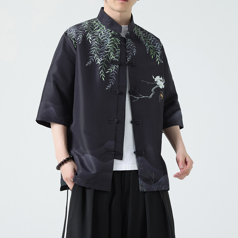 2025夏季新款风短袖衬衫唐装汉服风印花男A008-1-S203-P45,男装T恤,电商A008-1