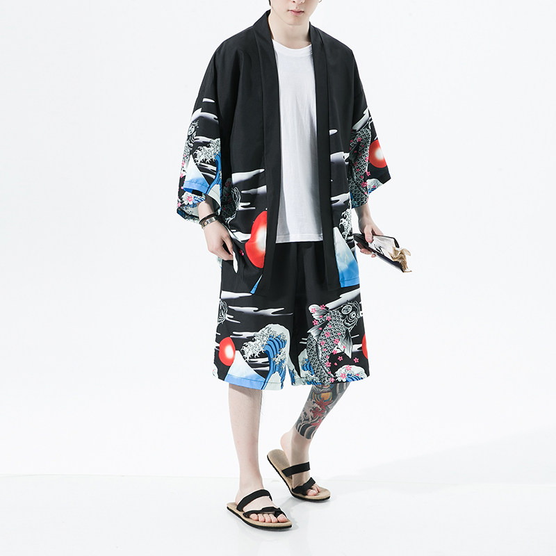 2025夏季风道袍男短袖汉服开衫和服防晒衣套装QT6006TZK53P70,男装防晒衣,电商A008-1