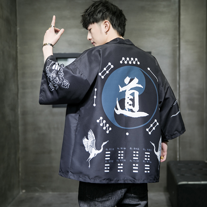 2025夏季新款风飞鹤鲤鱼汉服开衫披风男DS-A008-1K02p40，男装民族服装，电商A008-1