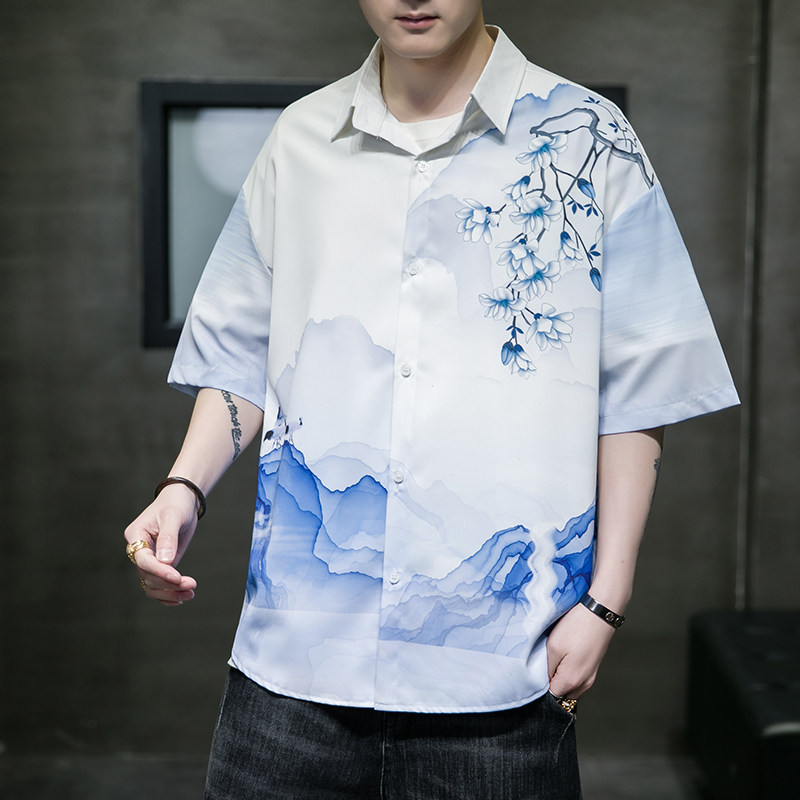 男士印花风休闲男新潮款青年短袖衬衫DS-A008-1-S021-P45,男装衬衫,电商A008-1