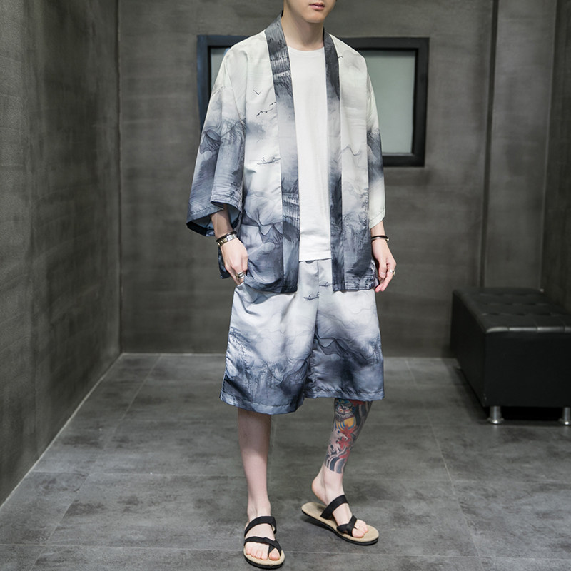 夏季风道袍男短袖汉服开衫和服防晒衣套装DS-A008-1-TZK51P70,男装防晒衣,电商A008-1
