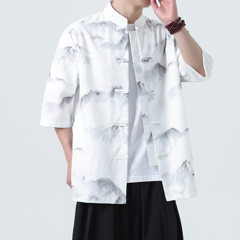 夏季新款风短袖衬衫唐装汉服风印花男A008-1-S207-P45,男装T恤,电商A008-1