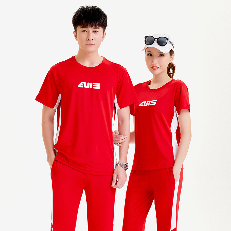短袖运动服套装夏季新款男女同款运动t恤大码圆领情侣款团体跳操