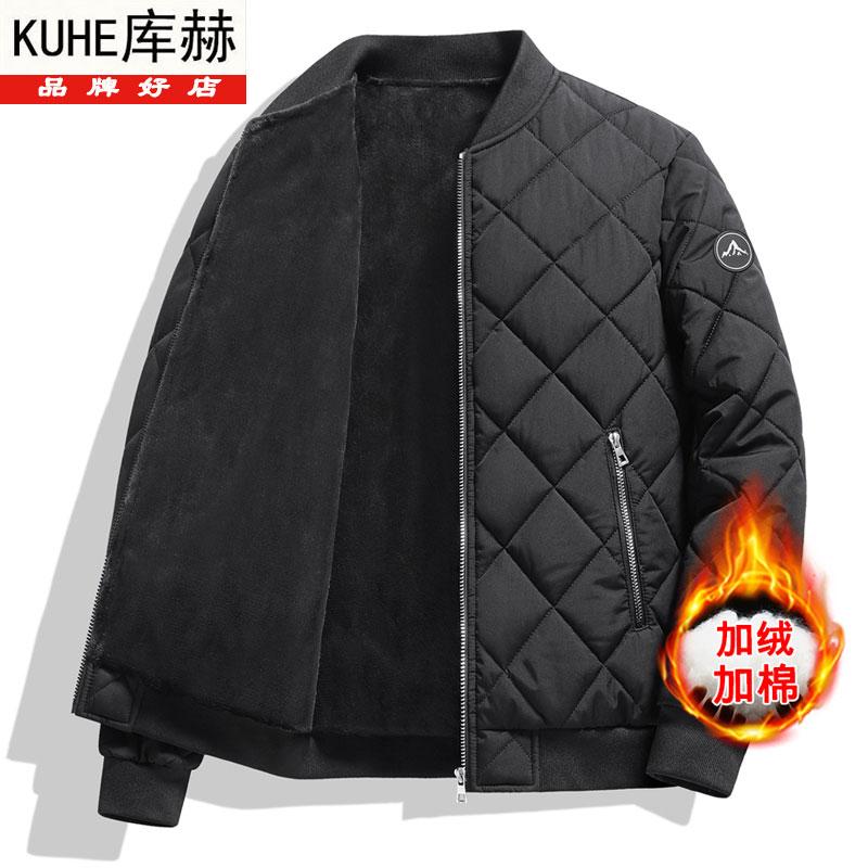 KUHE库赫秋冬棒球领格子加肥加大码青年男士羽绒棉服加绒加厚保暖