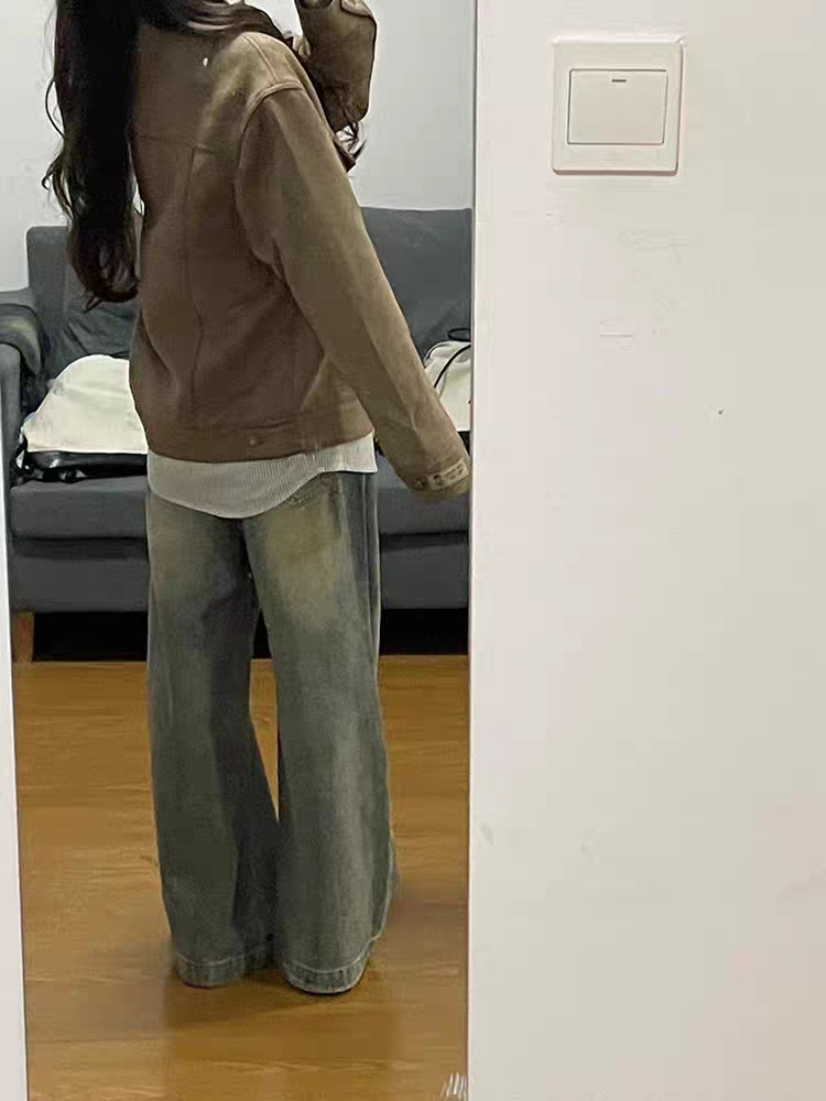 美式复古麂皮绒做旧外套男女20牛仔裤
