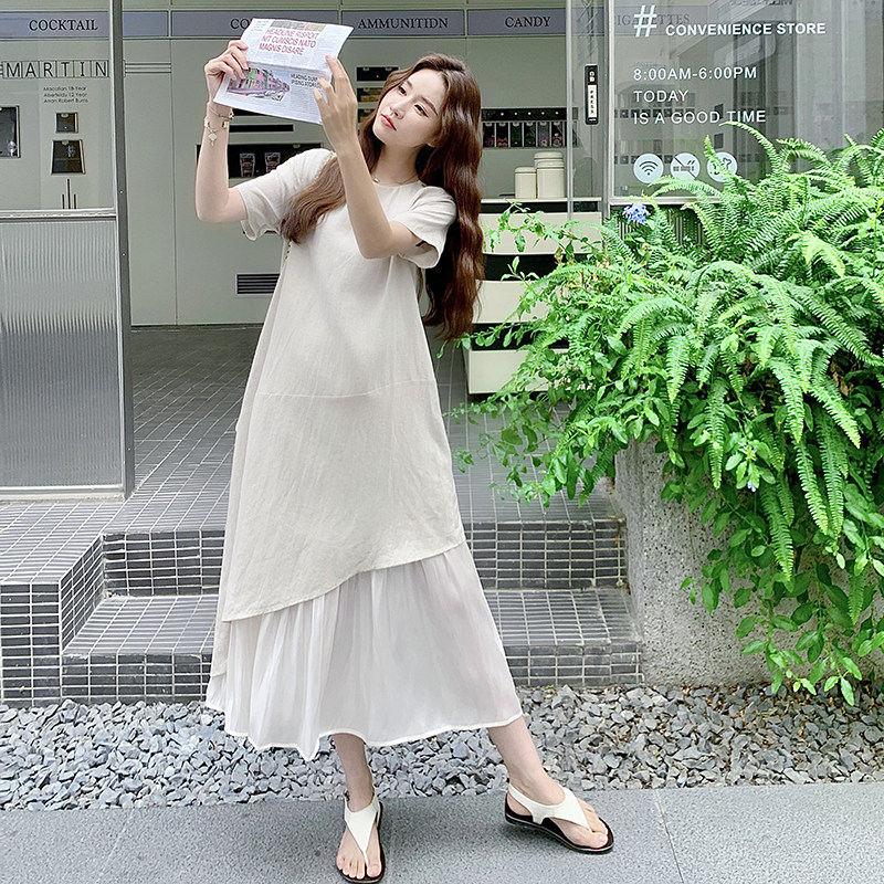 法式气质短袖t恤连衣裙女夏季2025新款设计感直筒拼接假两件长裙,女装连衣裙,浙宝205