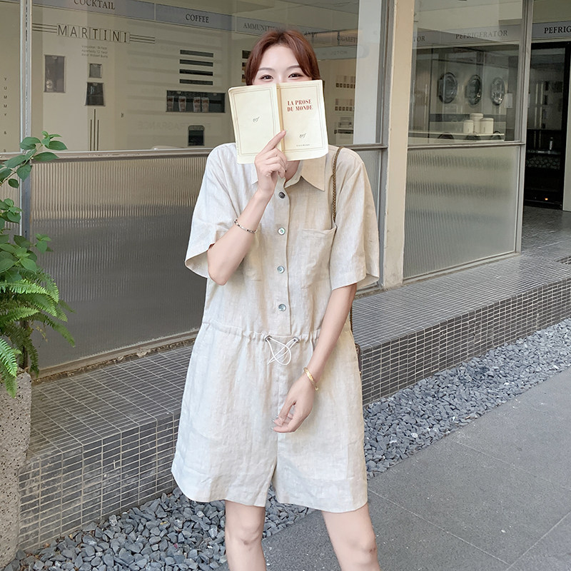 慵懒风气质短袖衬衫连体裤女夏2025新款复古Polo领宽松短裤连体衣,女装套装/套裙,浙宝205