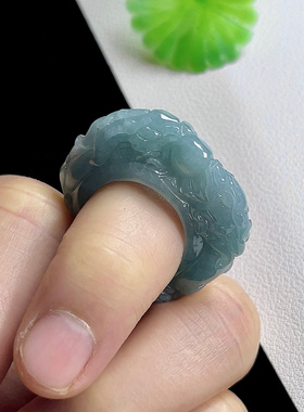 20号天然A货蓝水翡翠龙扳指女 双龙护主雕刻指环玉龙腾玉石戒指男