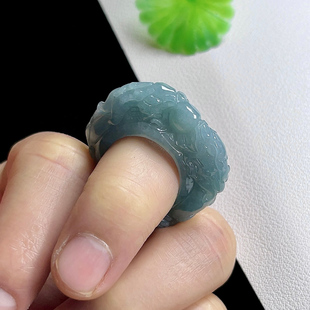 20号天然A货蓝水翡翠龙扳指女 双龙护主雕刻指环玉龙腾玉石戒指男