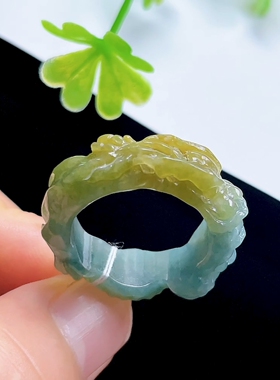 23号蓝水飘黄翡玉石龙戒  保真A货天然翡翠龙腾指环 雕龙玉戒扳指