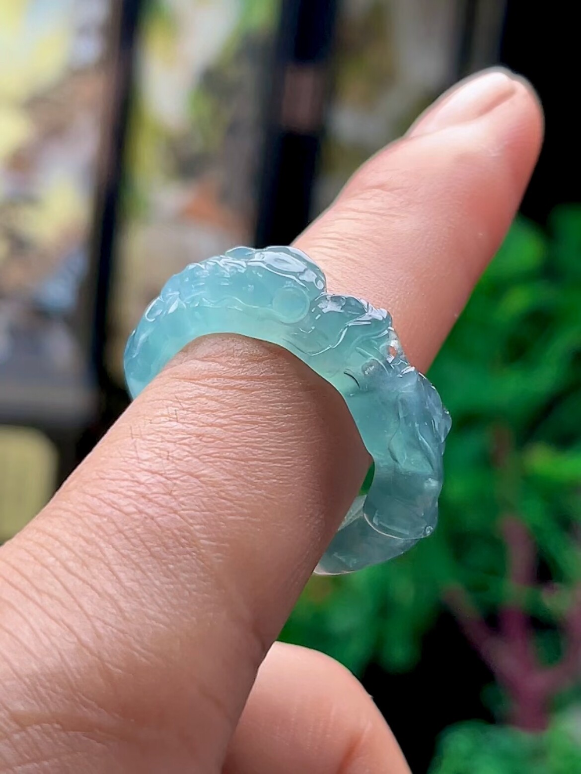 2mm翡翠冰蓝水龙戒 保真a货天然玉石立体雕龙龙头玉指环