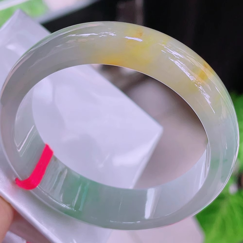 56圈口翡翠手镯缅甸料A货天然玉石黄加绿正圈平安镯玉镯子女款