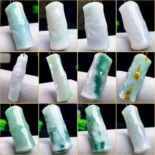 天然A货冰绿飘花玉石翡翠竹节