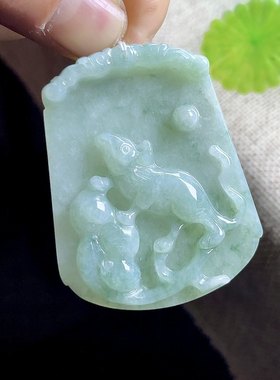 缅甸料 天然冰底满绿翡翠鼠吊坠 A货玉石生肖鼠玉坠 玉老鼠牌玉佩