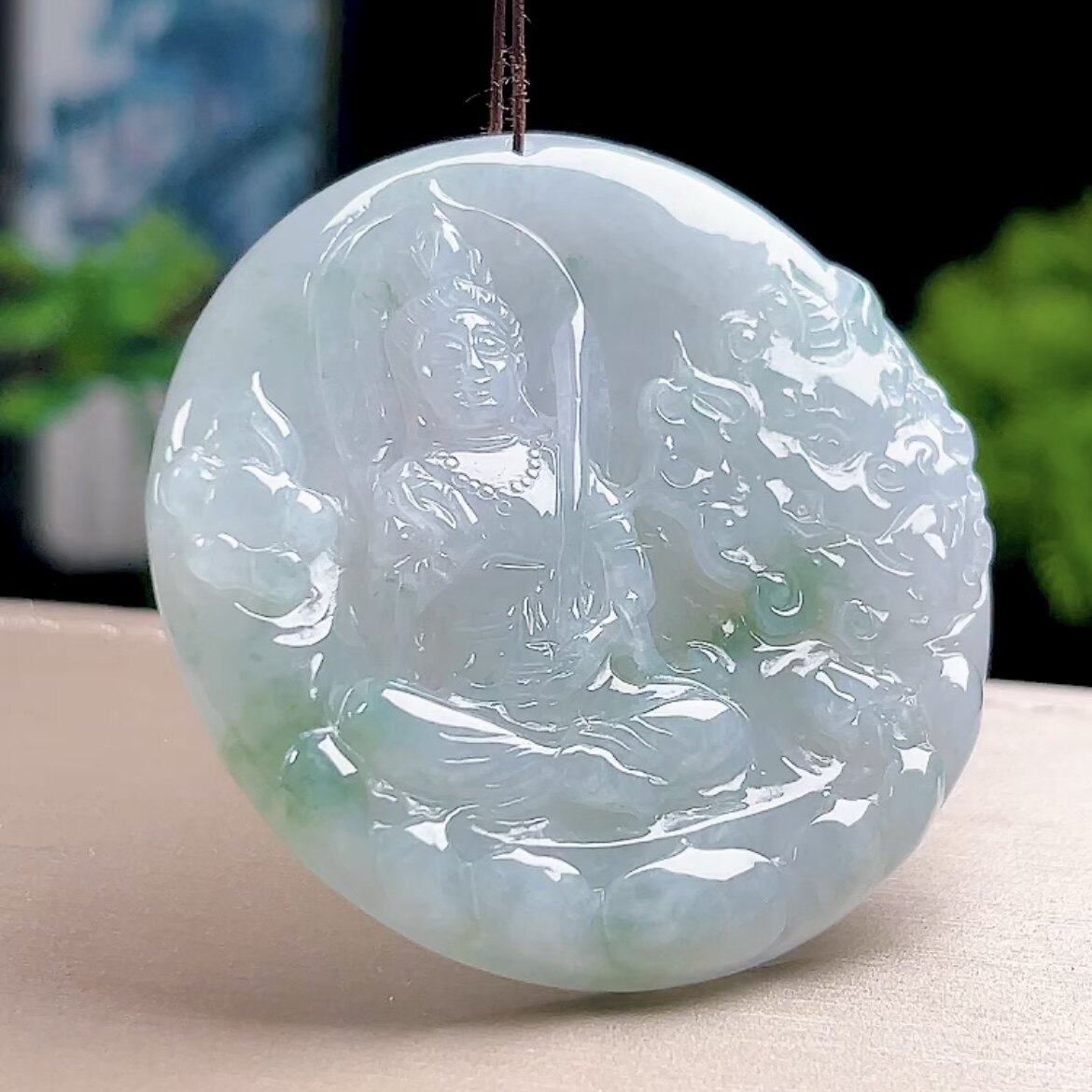 天然A货翡翠正品缅甸料玉石冰飘花文殊菩萨吊坠 生肖兔守护神玉坠