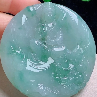 缅甸料翡翠天然A货玉石冰飘花文殊菩萨吊坠 生肖兔守护神玉坠