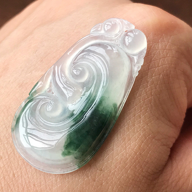 高冰莹光飘绿翡翠如意吊坠正品a货缅甸老坑冰种玉如意玉佩女带证