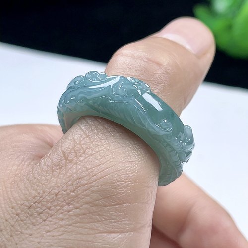 23MM特大圈浅蓝绿翡翠凤凰扳指 天然A货玉石指环 玉戒指男款送证