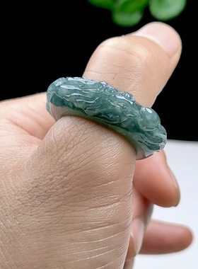 22mm天然A货翡翠龙戒扳指 蓝水绿玉龙指环男 盘龙玉石 龙腾玉戒指
