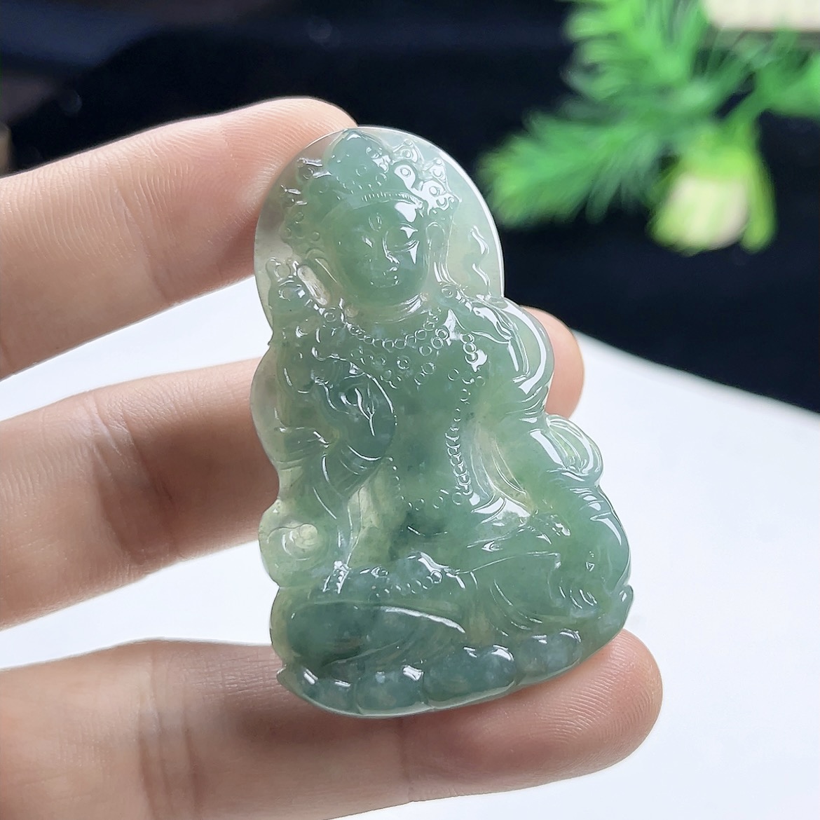 冰种蓝水飘绿翡翠度母吊坠 天然A货玉石 玉度母观音玉坠男女玉佩