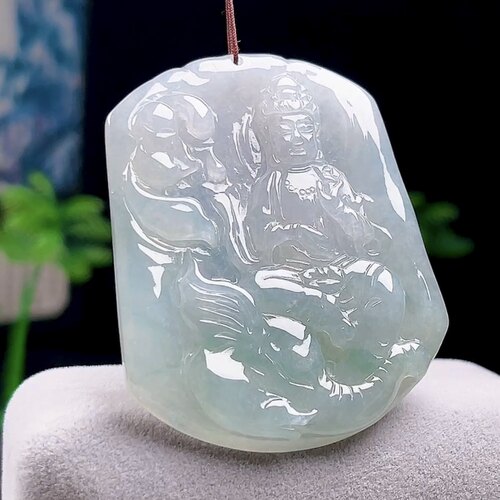 缅甸料A货天然翡翠玉石冰飘花普贤菩萨牌吊坠 生肖龙蛇守护神玉坠