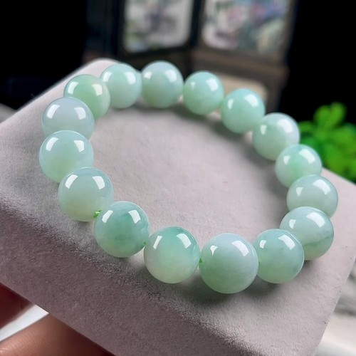 12mm正品A货淡绿底翡翠手串珠链男女缅甸料天然玉石单圈玉珠手链