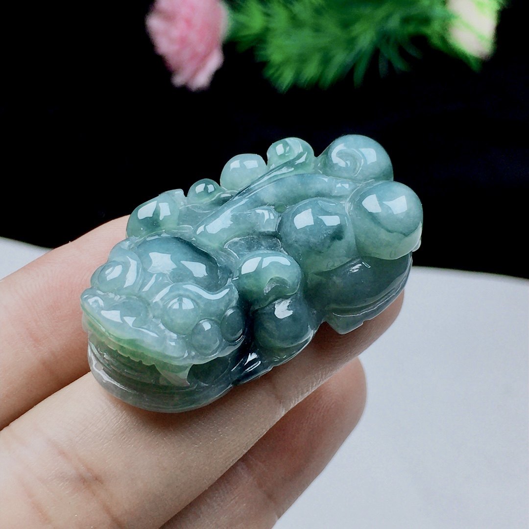 天然冰油飘花缅甸a货翡翠貔貅 玉貔恘吊坠男 女皮丘玉石招财玉坠